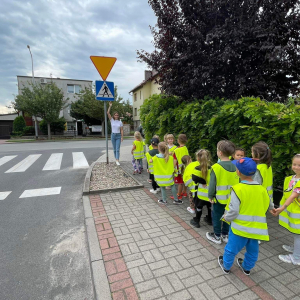 Dzieci podczas spaceru poznają znaczenie znaków drogowych
