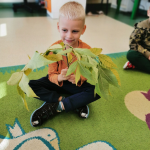 Chłopiec trzyma kolorowe liście