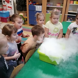 Na zdjęciu dzieci z grupy Żabki z zainteresowaniem eksperymentują z suchym lodem