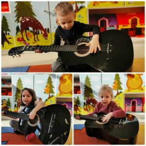 Dzieci z grupy Biedronki poznają różne instrumenty muzyczne 